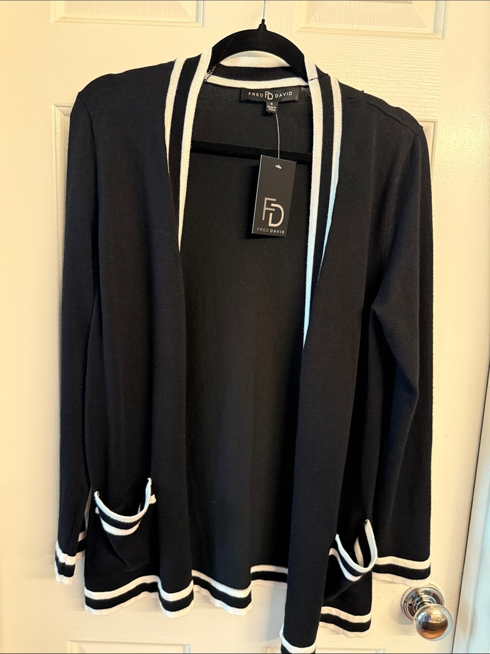 Fred David Black Open-Front Jacket with White Stripe Trim